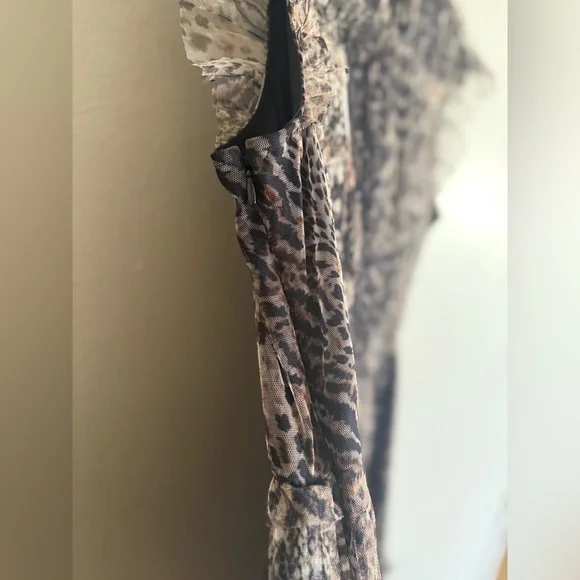 All Saints Perri Noche Animal Print Cap Sleeve Ruffle Mesh Minidress XL *flawed* - Picture 8 of 11